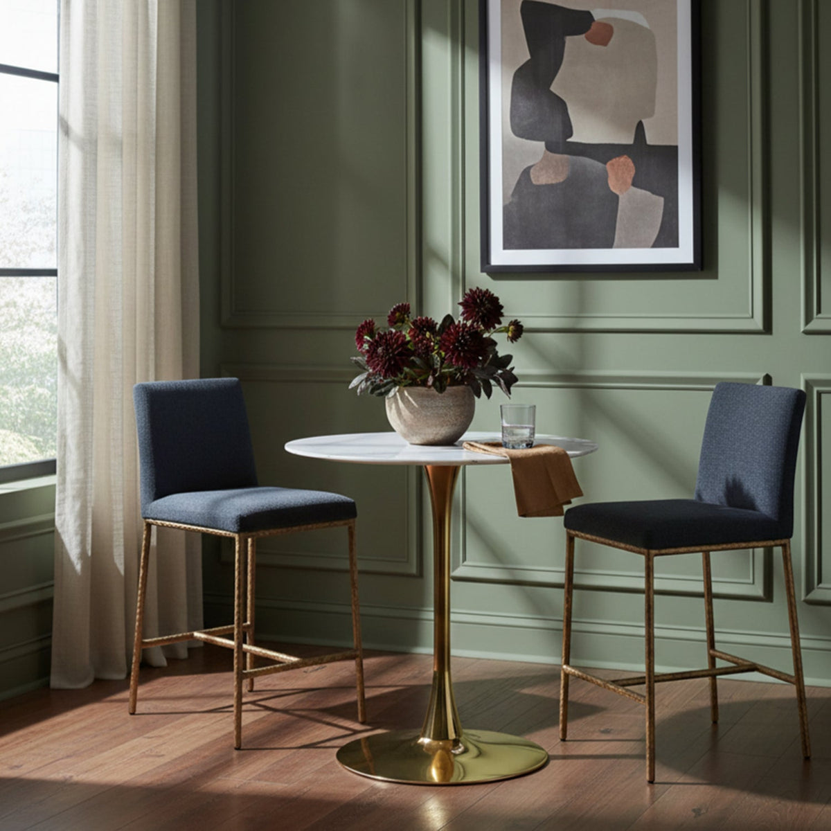 Reeves Navy Chenille Fabric Upholstered Counter Stool Set of 2