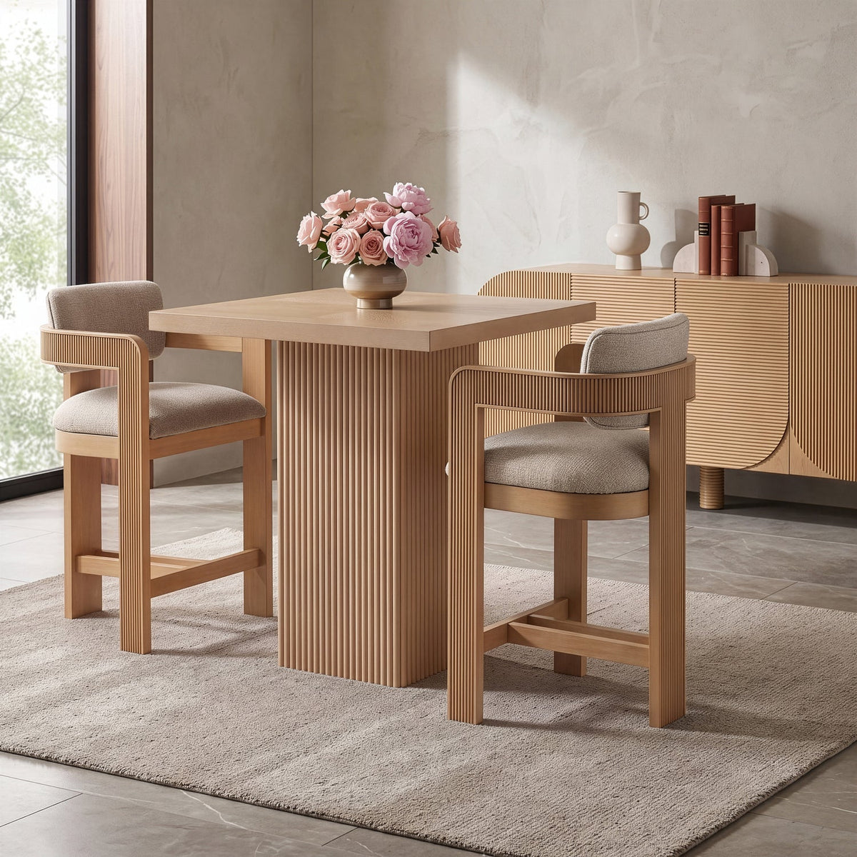 Sacha Beige Linen Textured Fabric Upholstered Counter Stool Set of 2