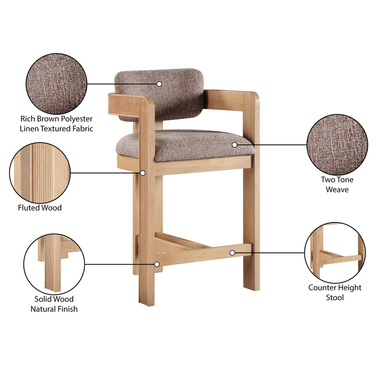 Sacha Brown Linen Textured Fabric Upholstered Counter Stool Set of 2