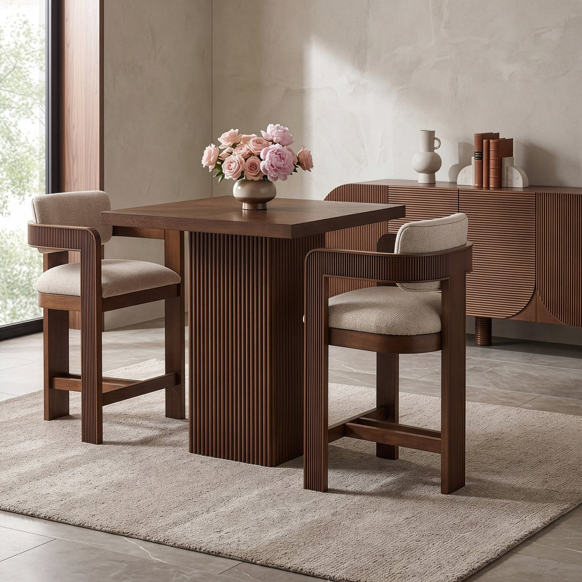 Sacha Beige Linen Textured Fabric Upholstered Counter Stool Set of 2