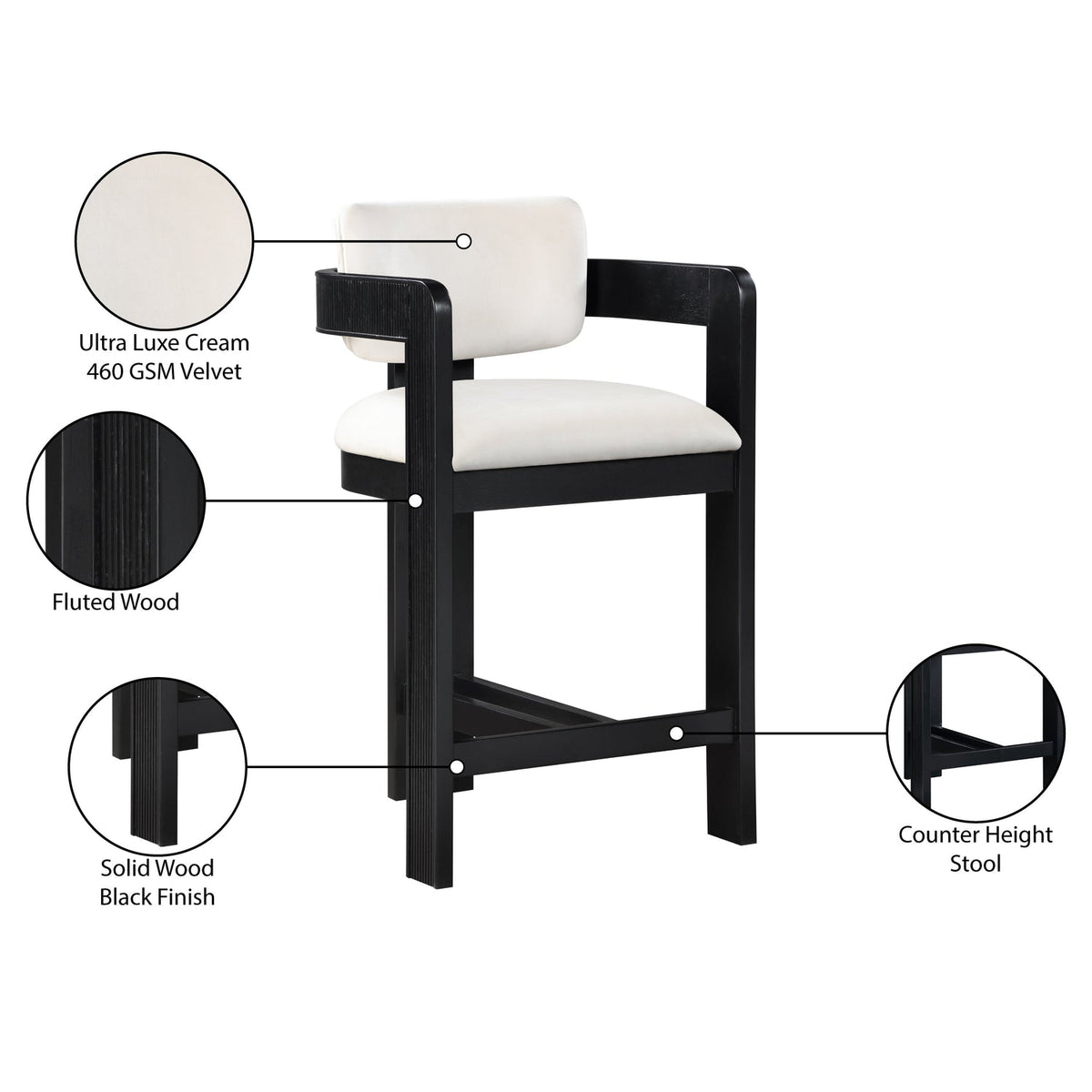 Sacha Cream Velvet Upholstered Counter Stool Set of 2