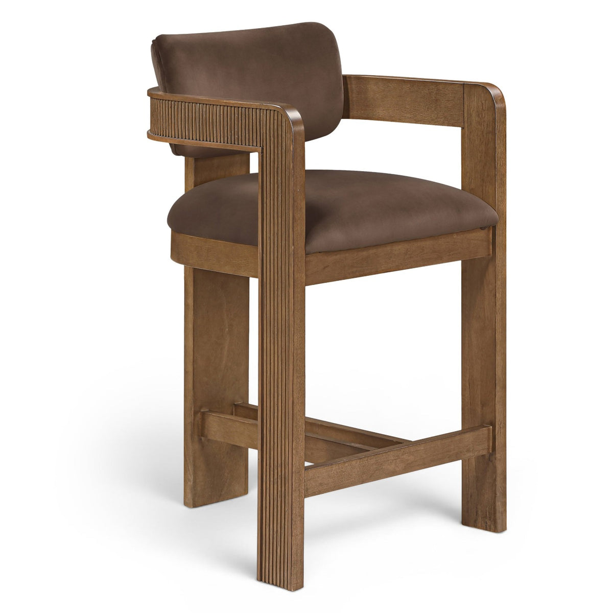 Sacha Brown Velvet Upholstered Counter Stool in brown, fluted solid wood brown walnut finish, primary product view