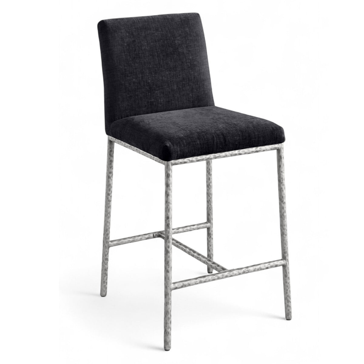 Reeves Black Chenille Fabric Upholstered Counter Stool, Set of 2 in black chenille, brushed silver, primary product view