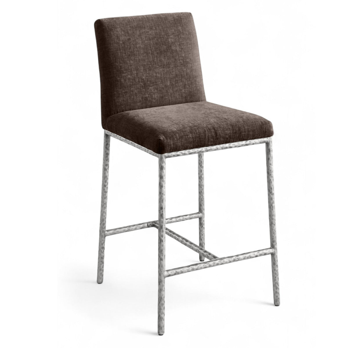 Reeves Brown Chenille Fabric Upholstered Counter Stool, Set of 2 in brown chenille, brushed silver, primary product view