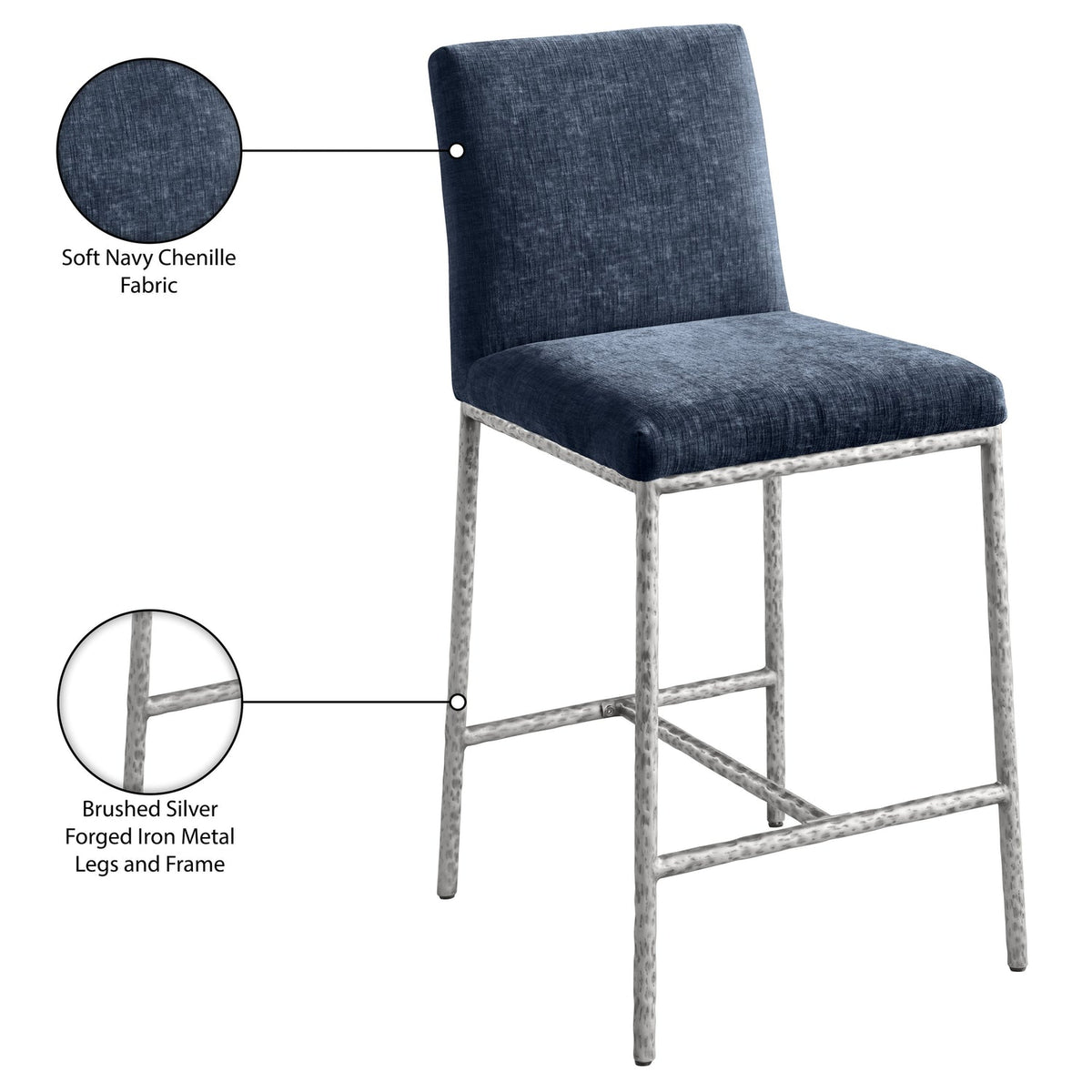 Reeves Navy Chenille Fabric Upholstered Counter Stool Set of 2
