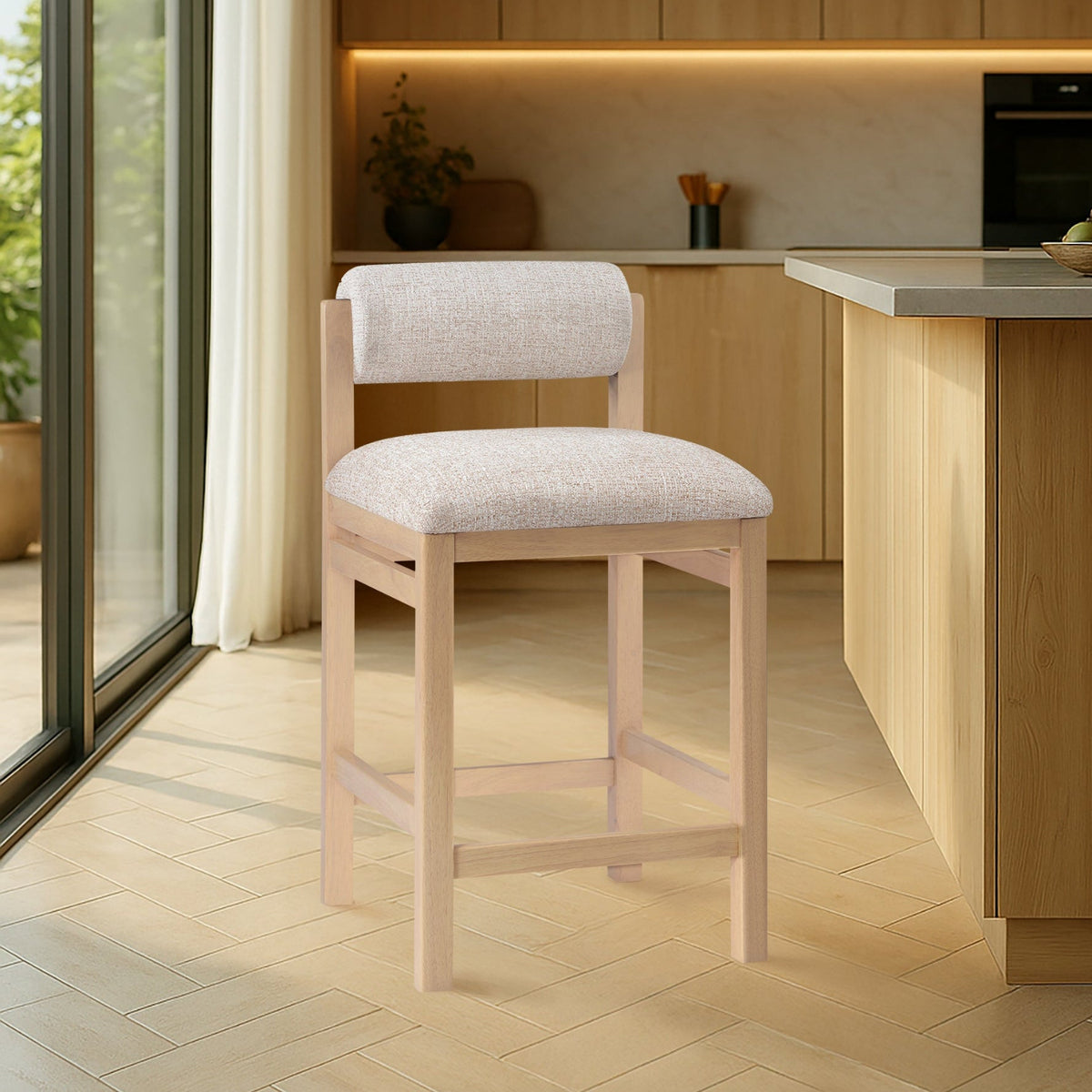 Roundhill Beige Linen Textured Fabric Upholstered Counter Stool Set of 2