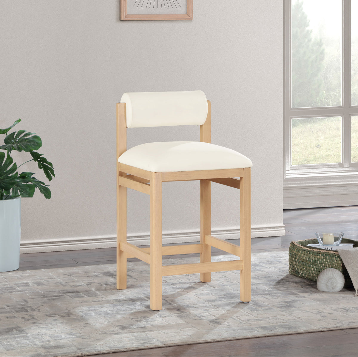 Roundhill Cream Vegan Leather Upholstered Counter Stool Set of 2