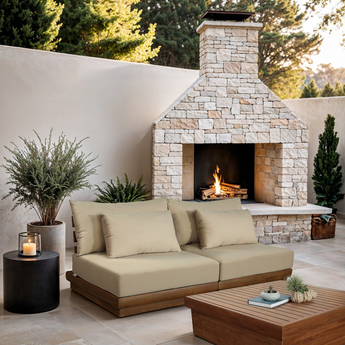 Mirella 74in Tan Water Resistant Fabric Upholstered 2 Piece Outdoor Patio Modular Sofa