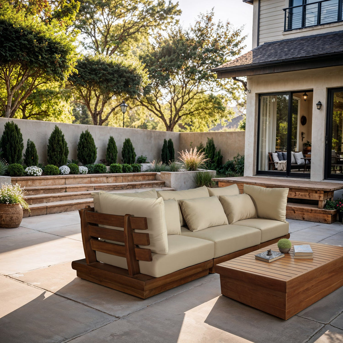 Mirella 113in Tan Water Resistant Fabric Upholstered 3 Piece Outdoor Patio Modular Sofa