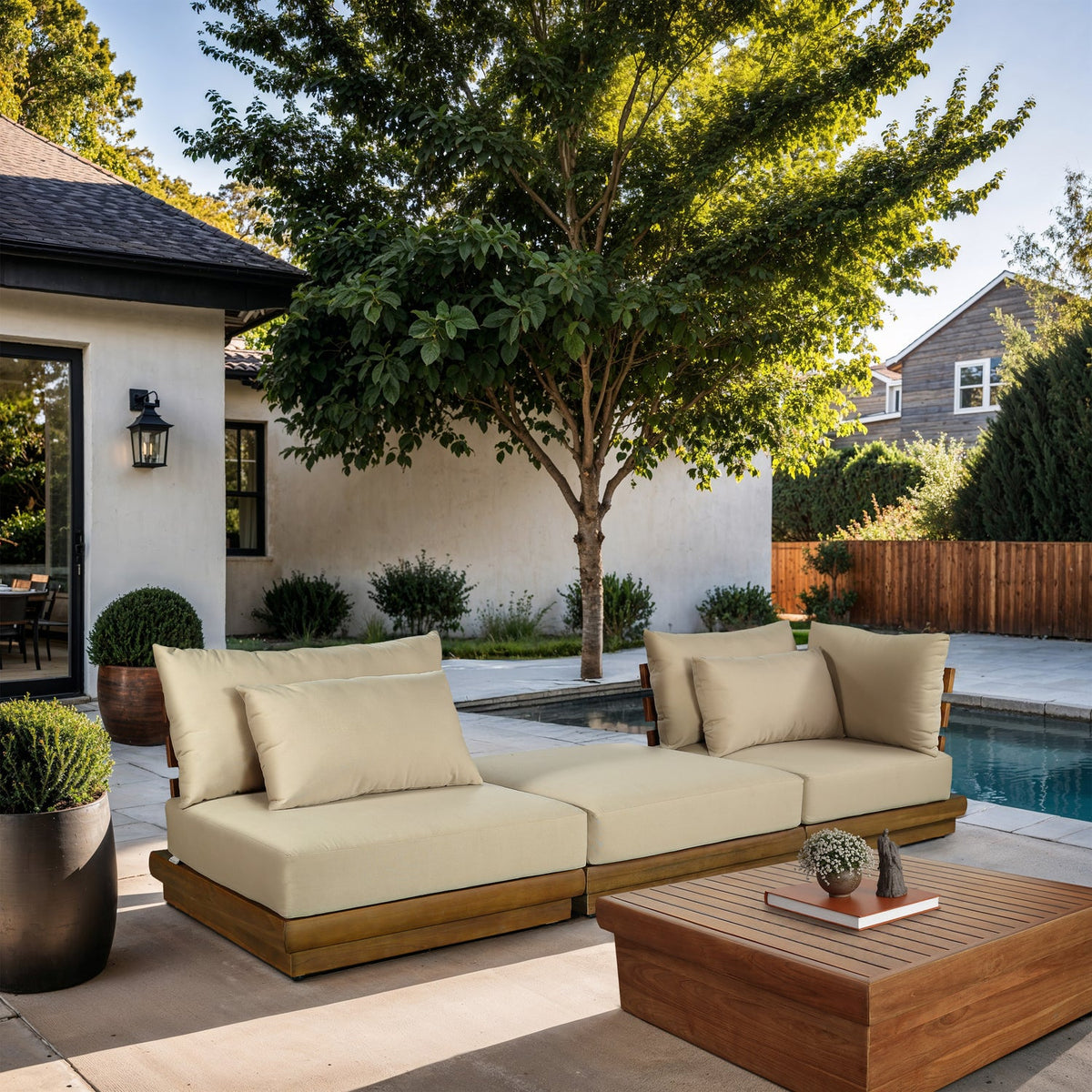 Mirella 112in Tan Water Resistant Fabric Upholstered 3 Piece Outdoor Patio Modular Sofa