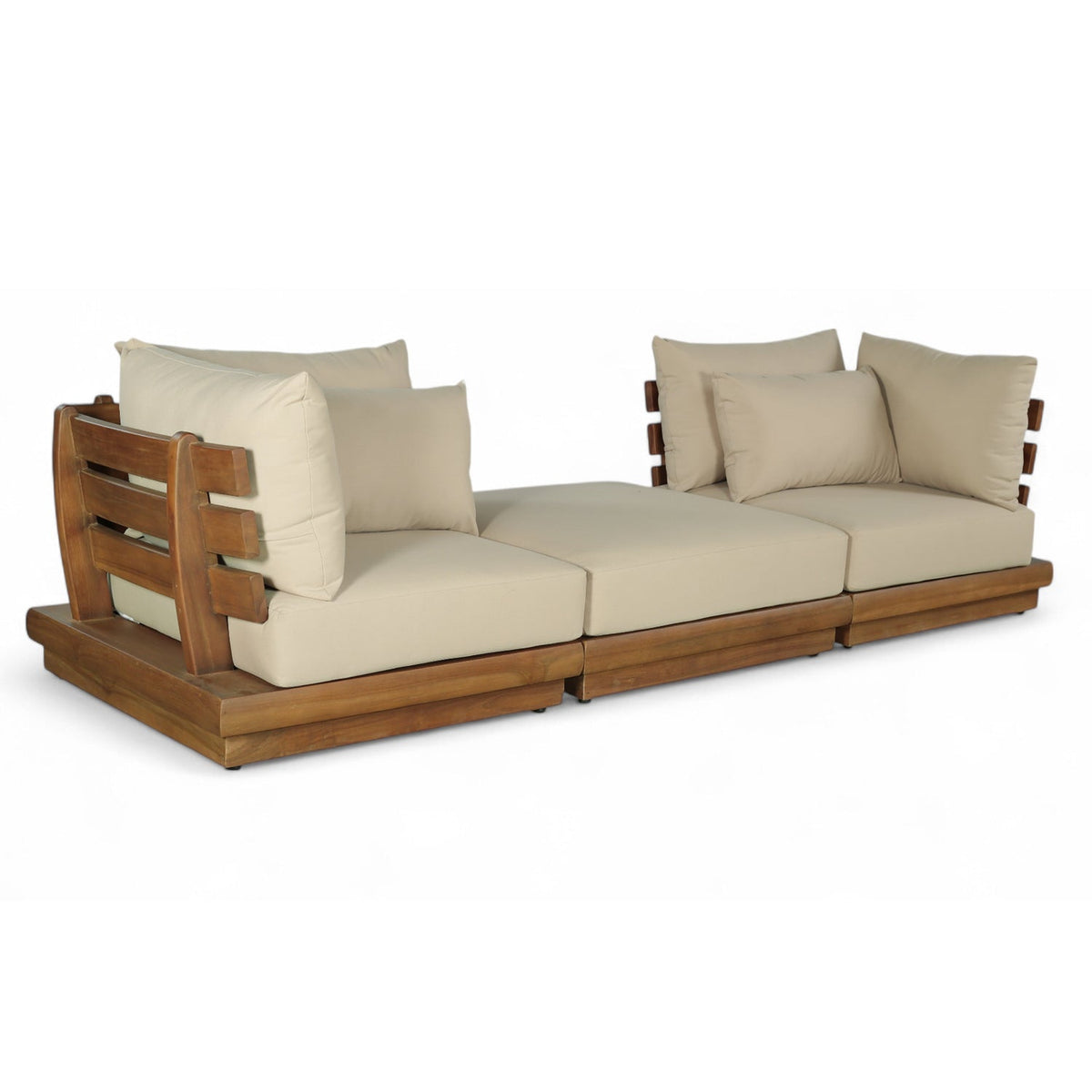 Mirella 113" Tan Water Resistant Fabric Upholstered 3pc. Outdoor Patio Modular Sofa in teak, primary product view