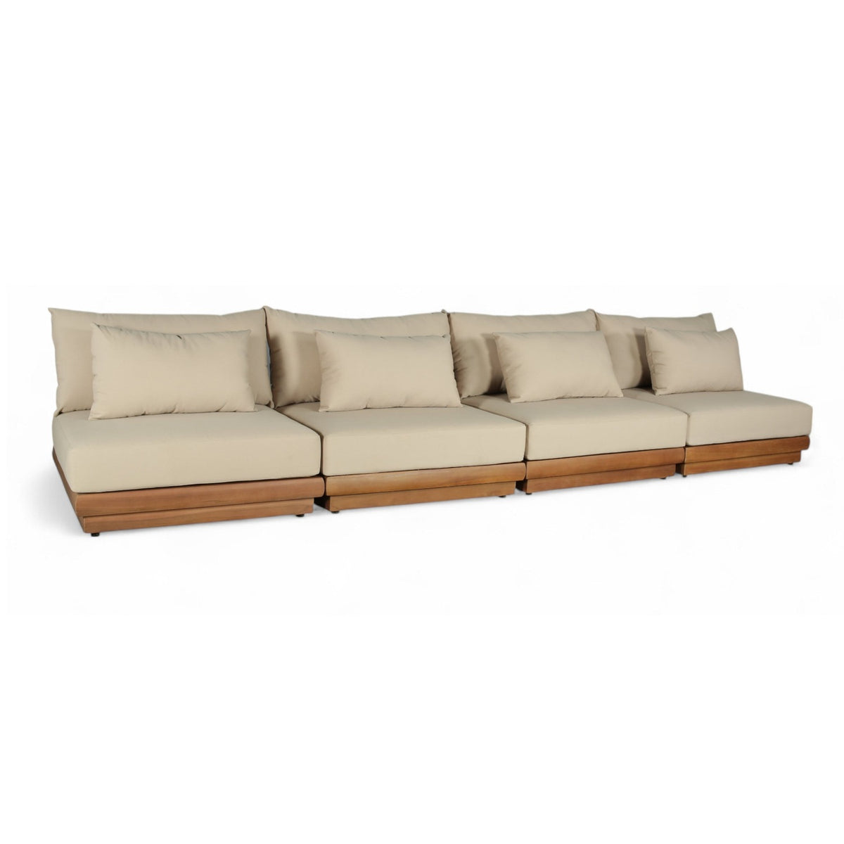 Mirella 148" Tan Water Resistant Fabric Upholstered 4pc. Outdoor Patio Modular Sofa in teak, primary product view