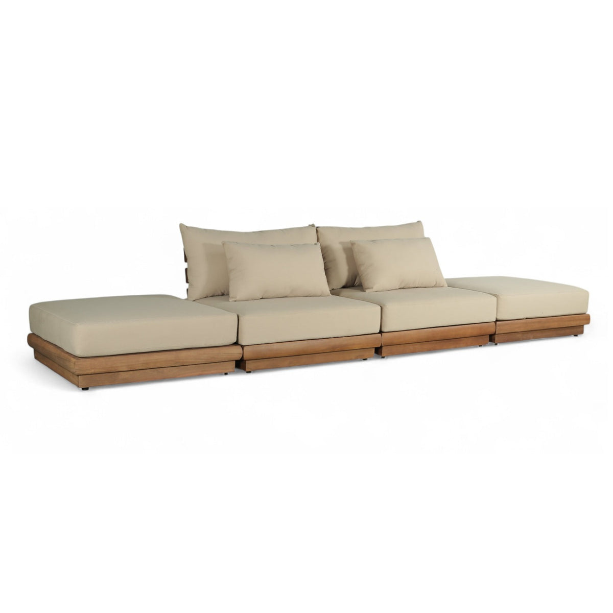 Mirella 148" Tan Water Resistant Fabric Upholstered 4pc. Outdoor Patio Modular Sofa in teak, primary product view
