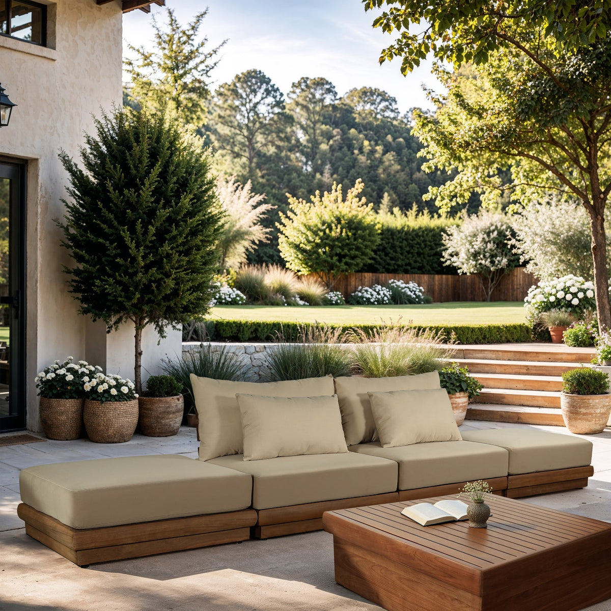 Mirella 148in Tan Water Resistant Fabric Upholstered 4 Piece Outdoor Patio Modular Sofa