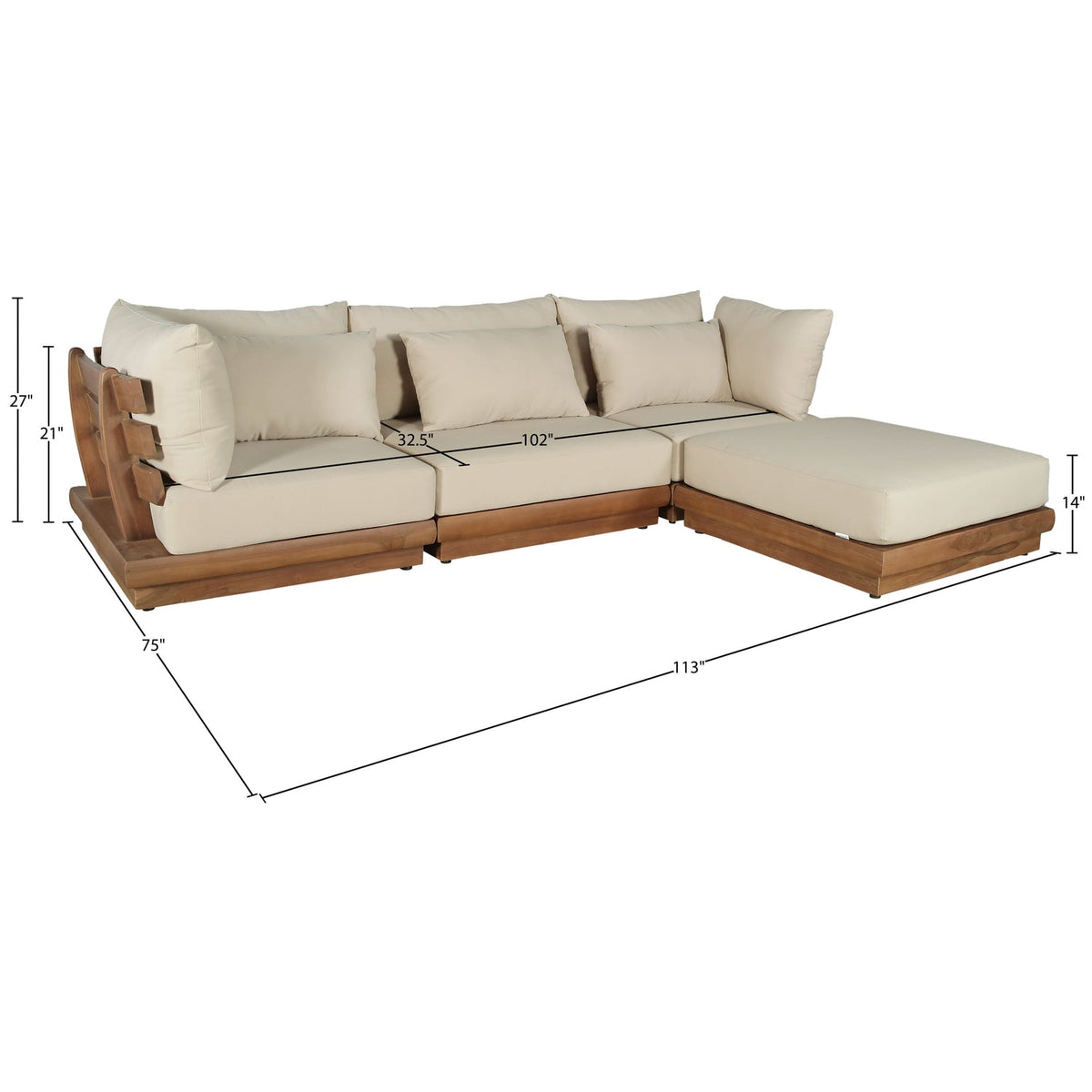 Mirella 113in Tan Water Resistant Fabric Upholstered 4 Piece Outdoor Patio Modular Sectional Sofa