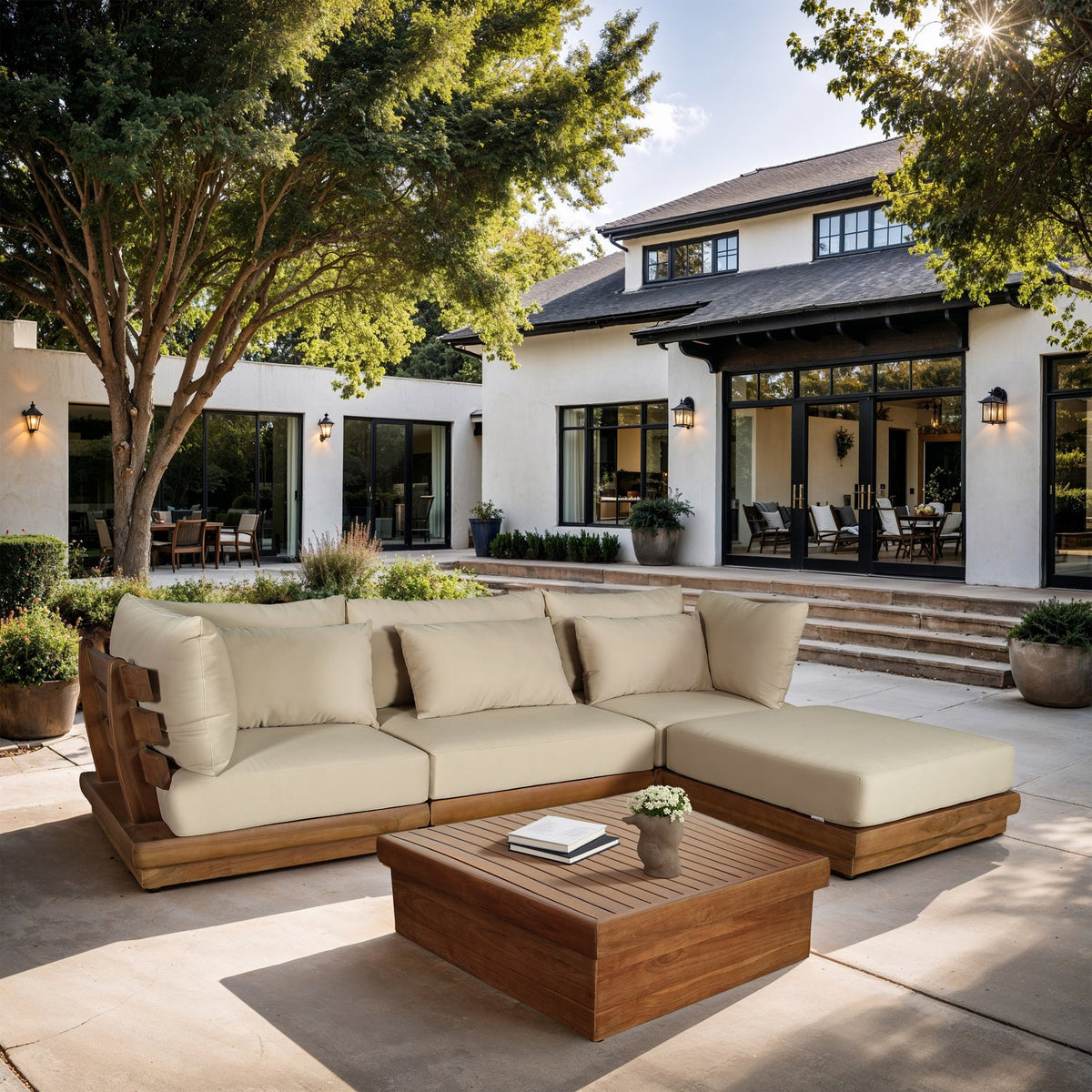 Mirella 113in Tan Water Resistant Fabric Upholstered 4 Piece Outdoor Patio Modular Sectional Sofa