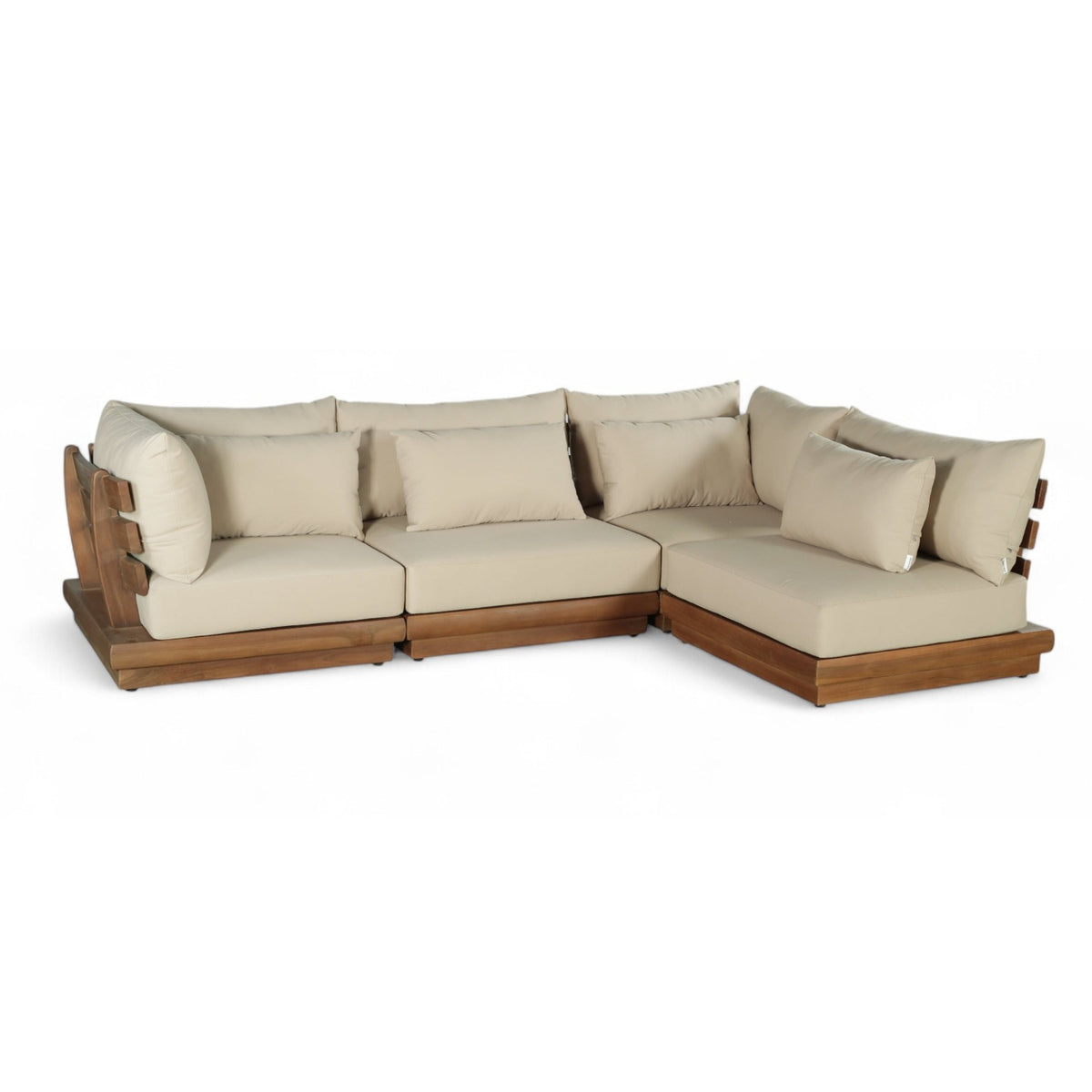 Mirella 113" Tan Water Resistant Fabric Upholstered 4pc. Outdoor Patio Modular Sectional in teak, primary product view