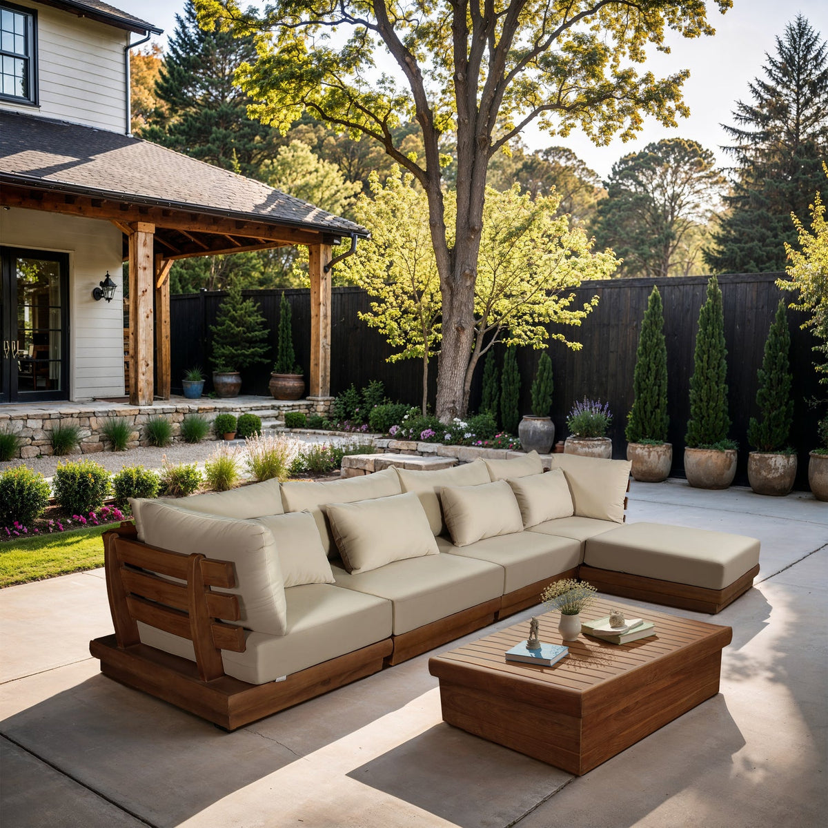 Mirella 150in Tan Water Resistant Fabric Upholstered 5 Piece Outdoor Patio Modular Sectional Sofa