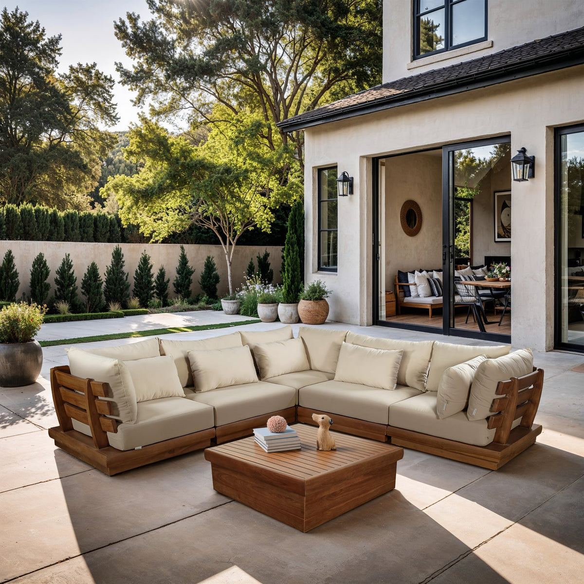 Mirella 113in Tan Water Resistant Fabric Upholstered 5 Piece Outdoor Patio Modular Sectional Sofa