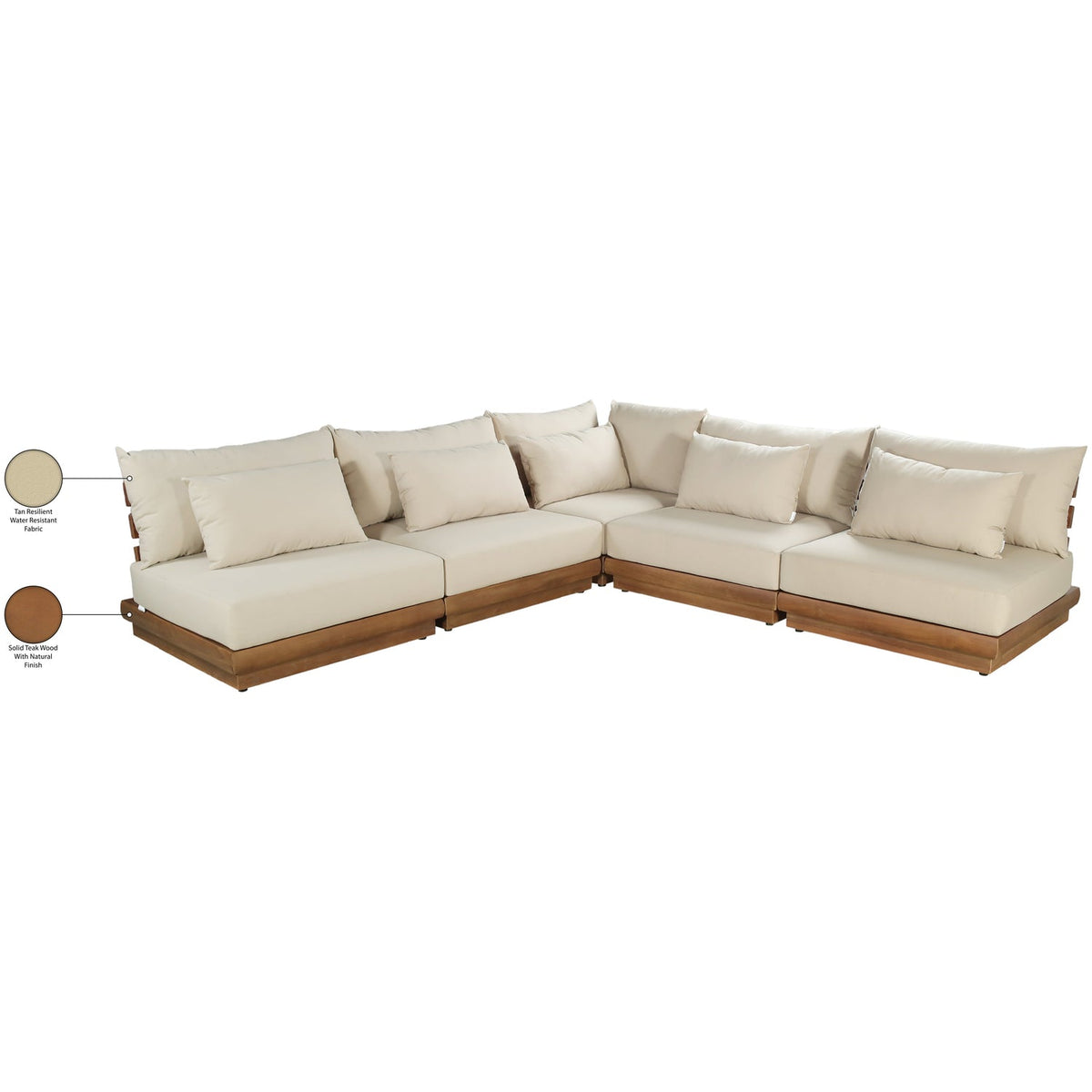 Mirella 112in Tan Water Resistant Fabric Upholstered 5 Piece Outdoor Patio Modular Sectional Sofa