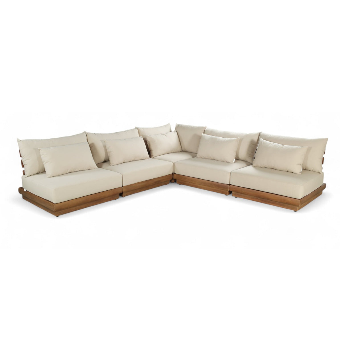 Mirella 112" Tan Water Resistant Fabric Upholstered 5pc. Outdoor Patio Modular Sectional in teak, primary product view