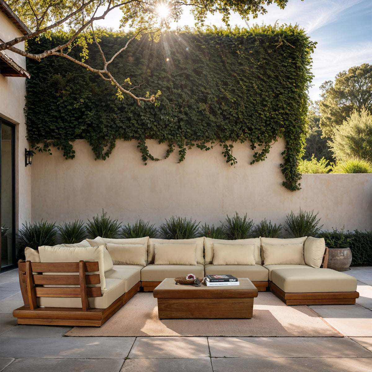 Mirella 150in Tan Water Resistant Fabric Upholstered 7 Piece Outdoor Patio Modular Sectional Sofa