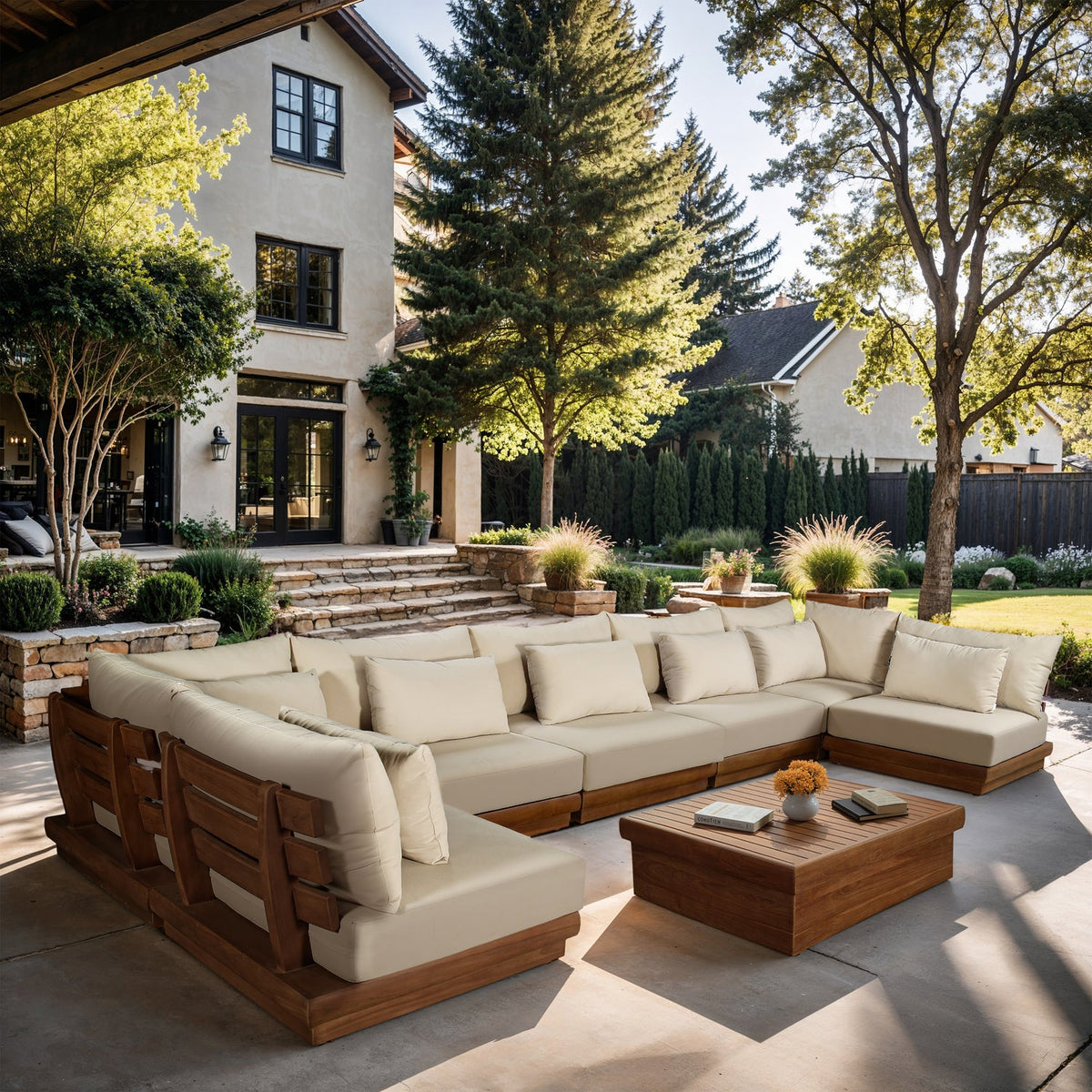 Mirella 187in Tan Water Resistant Fabric Upholstered 7 Piece Outdoor Patio Modular Sectional Sofa