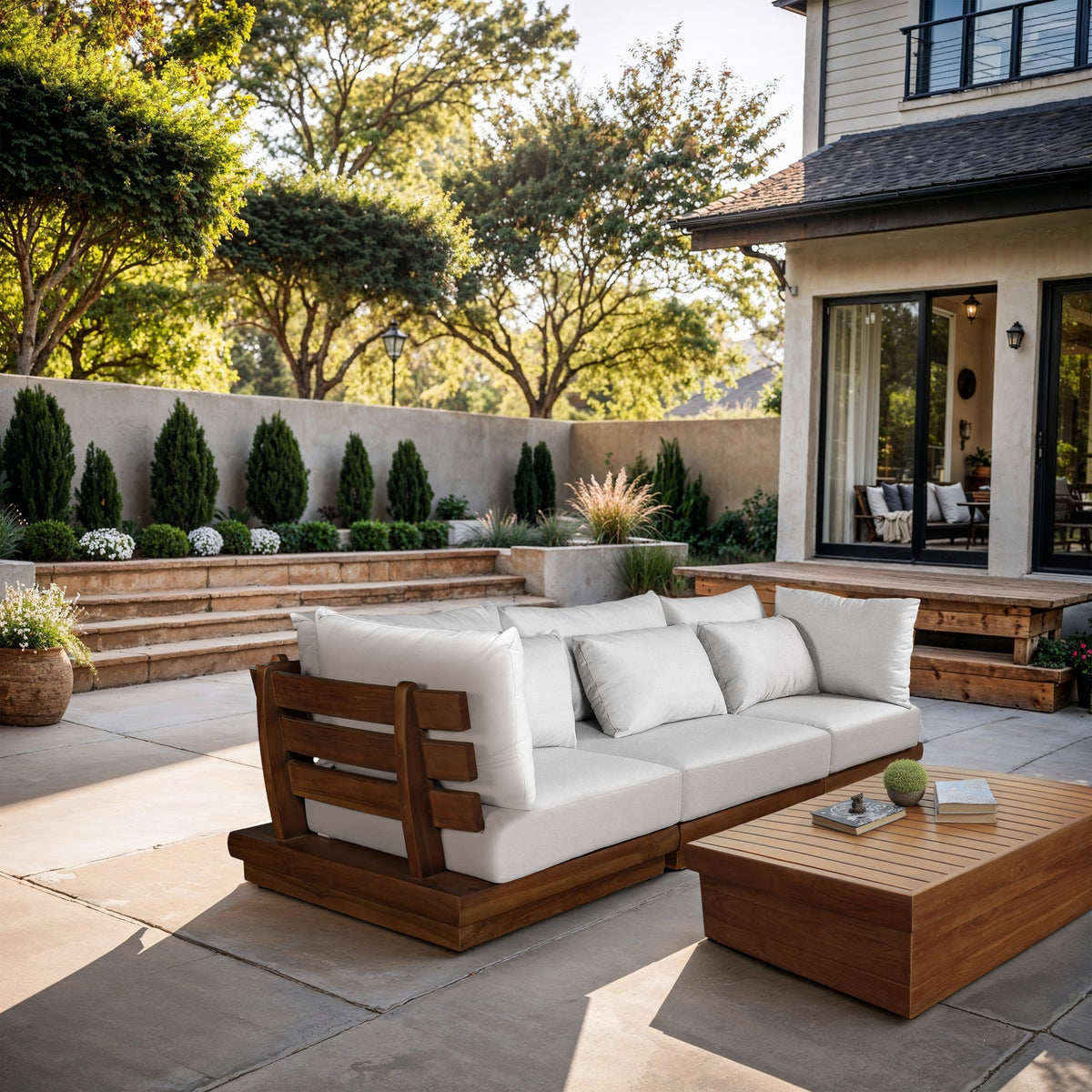 Mirella 113in Off-White Water Resistant Fabric Upholstered 3 Piece Outdoor Patio Modular Sofa