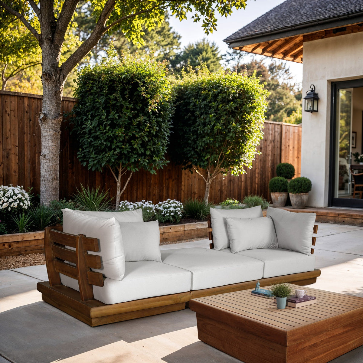 Mirella 113in Off-White Water Resistant Fabric Upholstered 3 Piece Outdoor Patio Modular Sofa