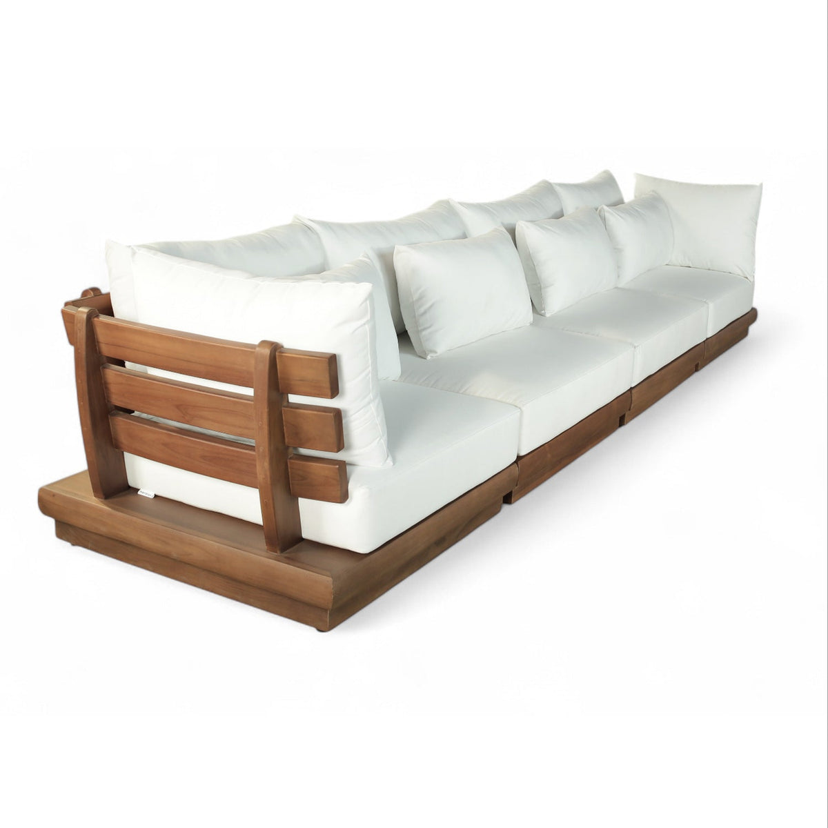 Mirella 150" Off-White Water Resistant Fabric Upholstered 4pc. Outdoor Patio Modular Sofa in teak, primary product view