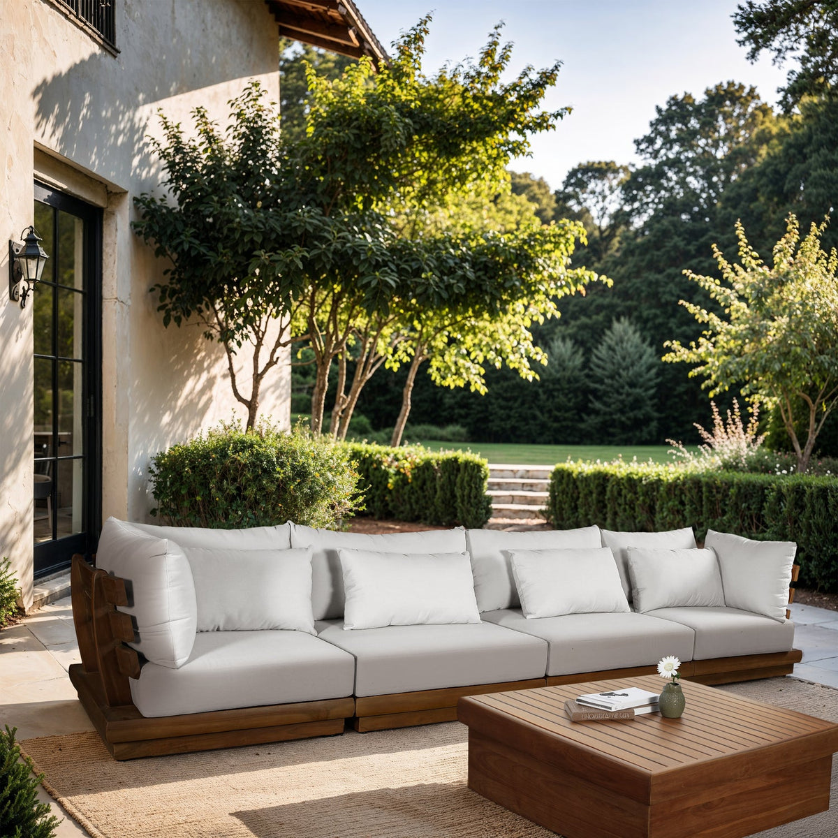Mirella 150in Off-White Water Resistant Fabric Upholstered 4 Piece Outdoor Patio Modular Sofa