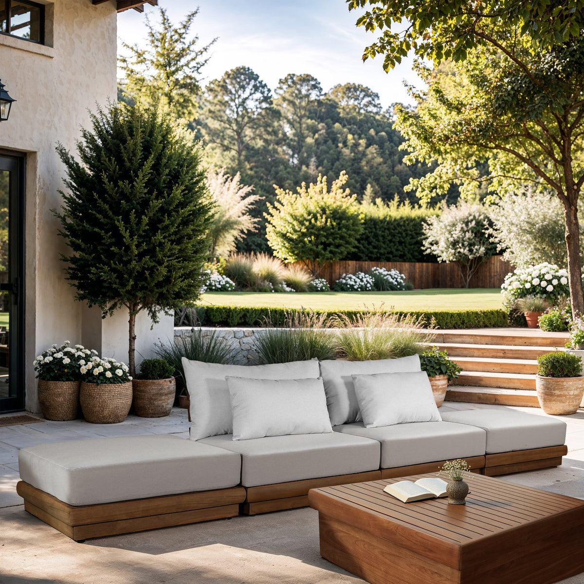 Mirella 148in Off-White Water Resistant Fabric Upholstered 4 Piece Outdoor Patio Modular Sofa