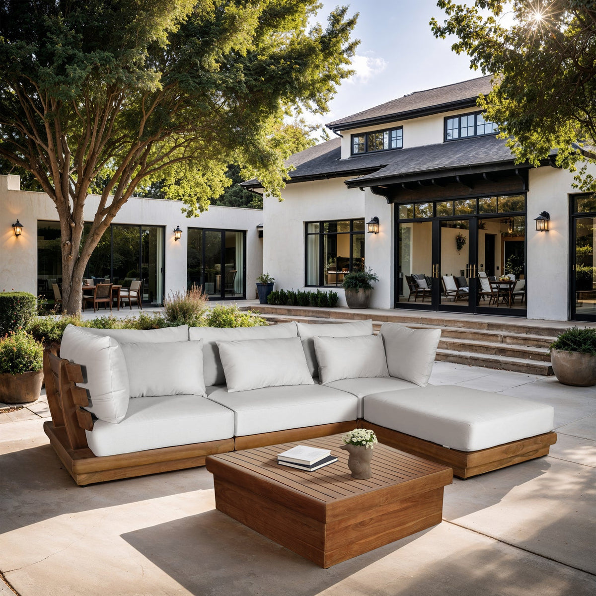 Mirella 113in Off-White Water Resistant Fabric Upholstered 4 Piece Outdoor Patio Modular Sectional Sofa
