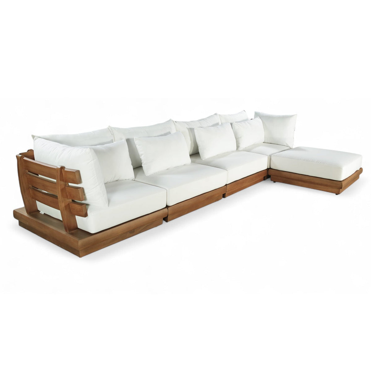 Mirella 150" Off-White Water Resistant Fabric Upholstered 5pc. Outdoor Patio Modular Sectional in teak, primary product view