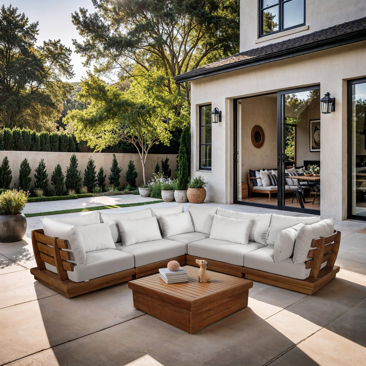 Mirella 113in Off-White Water Resistant Fabric Upholstered 5 Piece Outdoor Patio Modular Sectional Sofa