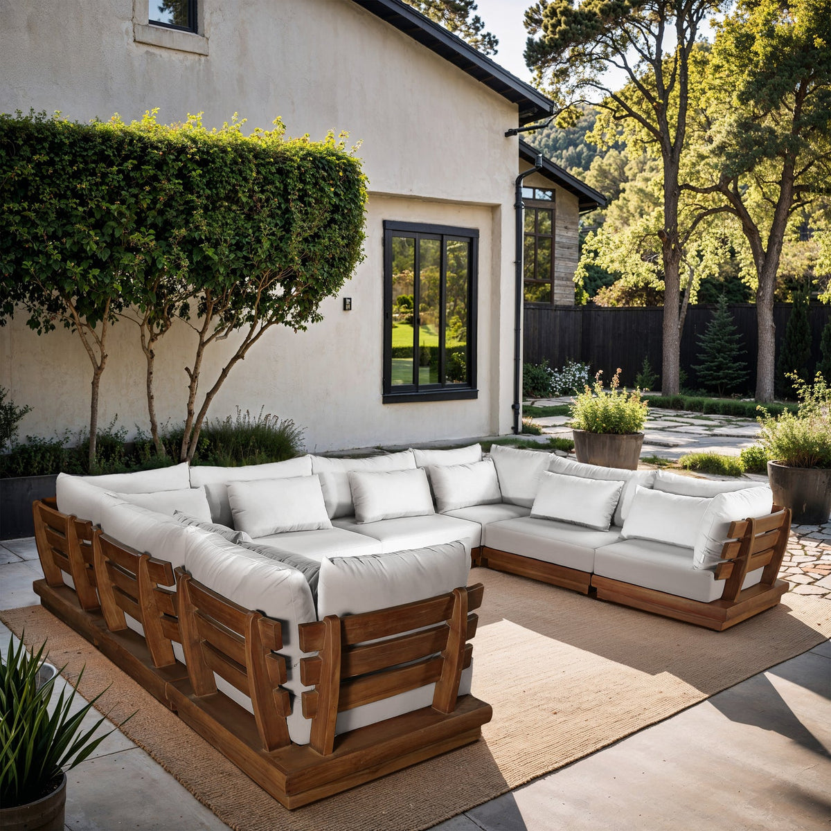 Mirella 150in Off-White Water Resistant Fabric Upholstered 8 Piece Outdoor Patio Modular Sectional Sofa