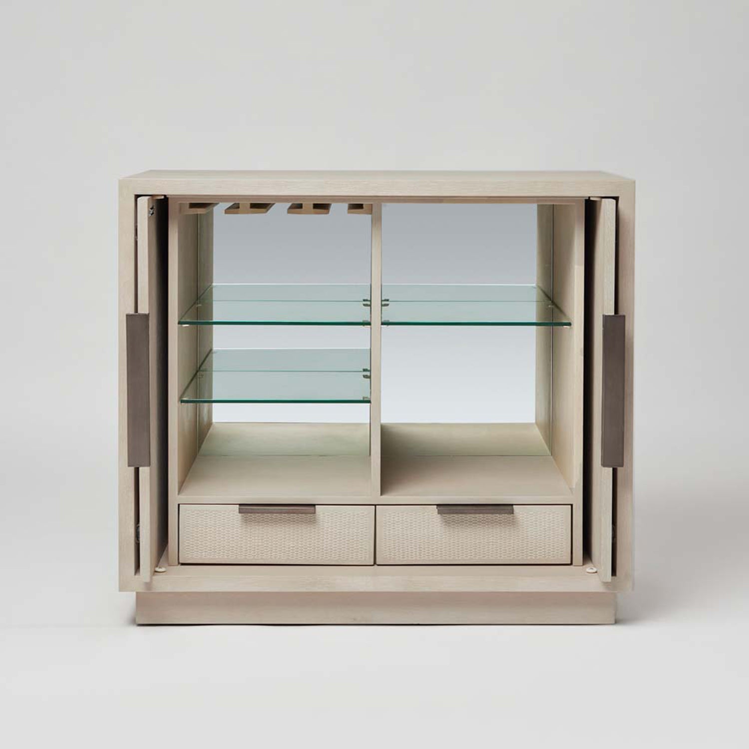 Holmes Cliffside Bar Cabinet in oak cliffside finish, detail of the frame