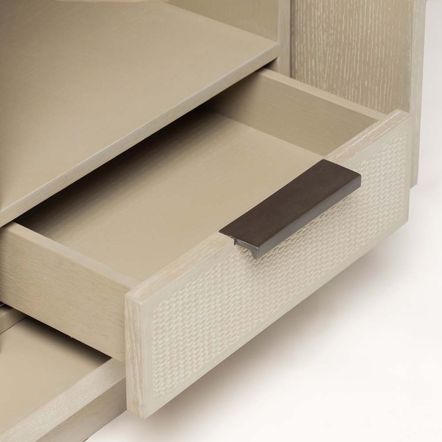Holmes Cliffside Bar Cabinet in oak cliffside finish, shown to scale