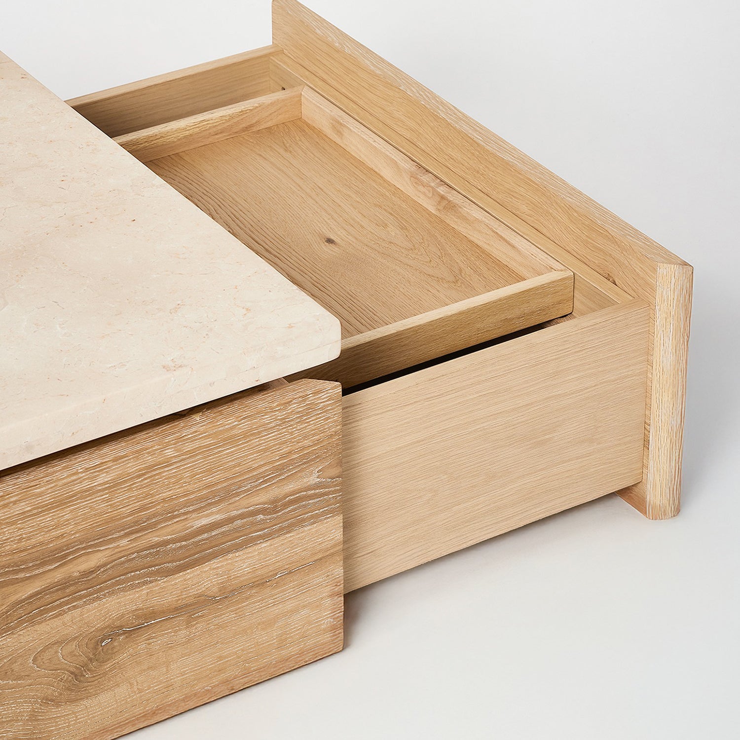 Branford Saddle Rectangle Cocktail Table in character oak Saddle finish, detail of the frame