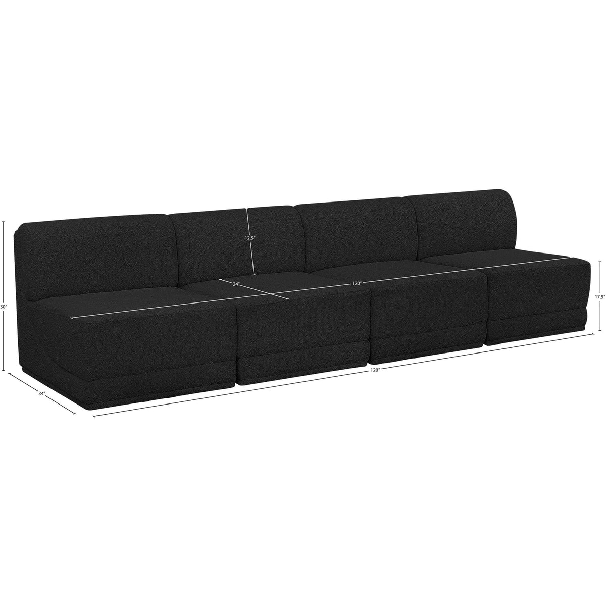 Ollie 120in Black Boucle Fabric Upholstered 4 Piece Armless Modular Sofa