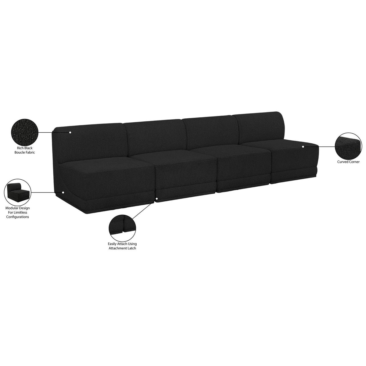 Ollie 120in Black Boucle Fabric Upholstered 4 Piece Armless Modular Sofa