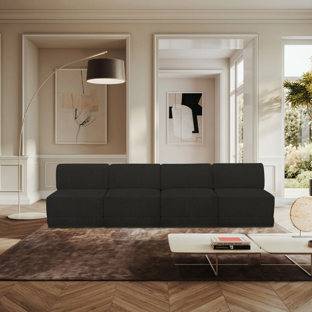 Ollie 120in Black Boucle Fabric Upholstered 4 Piece. Armless Modular Sofa