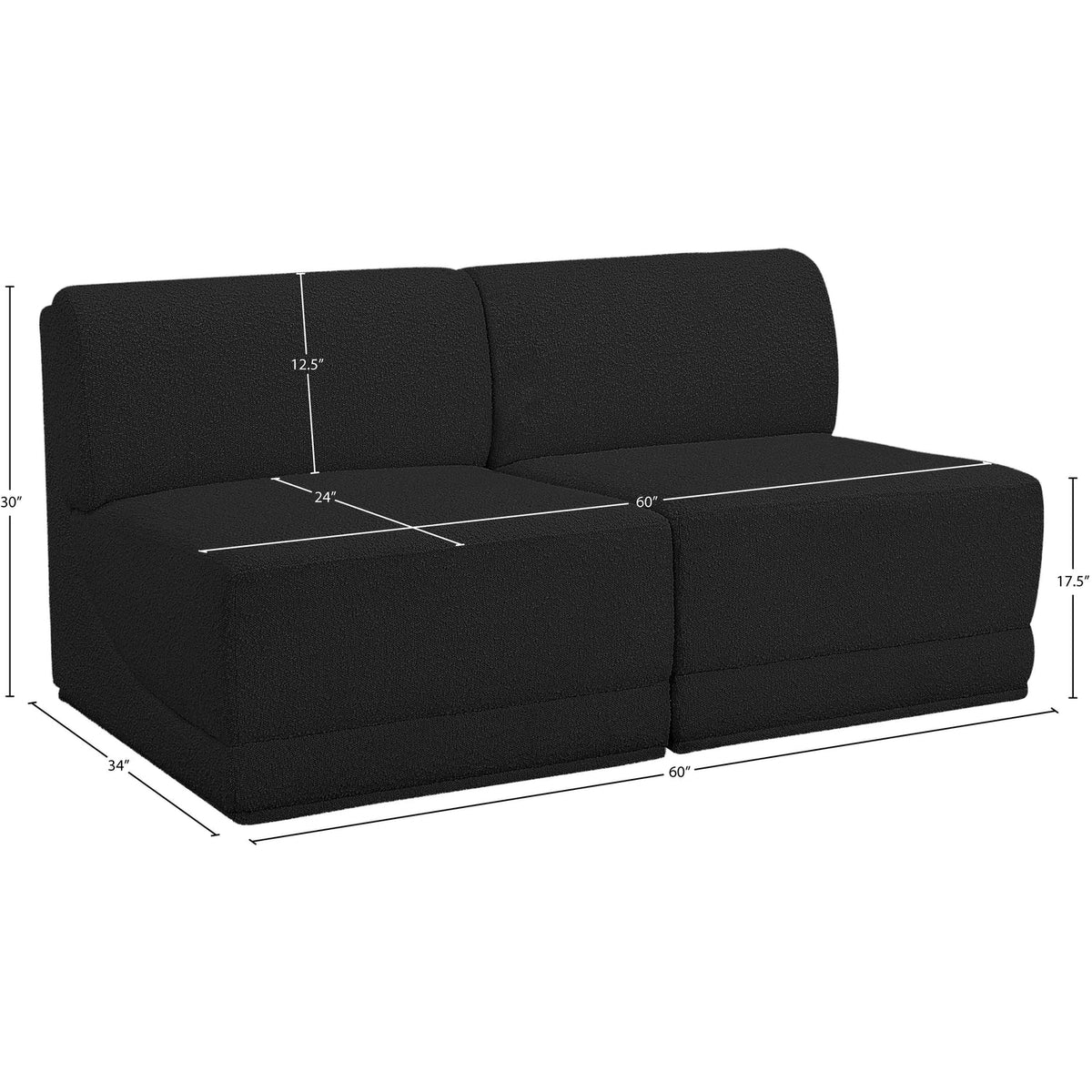Ollie 60in Black Boucle Fabric Upholstered 2 Piece Armless Modular Loveseat