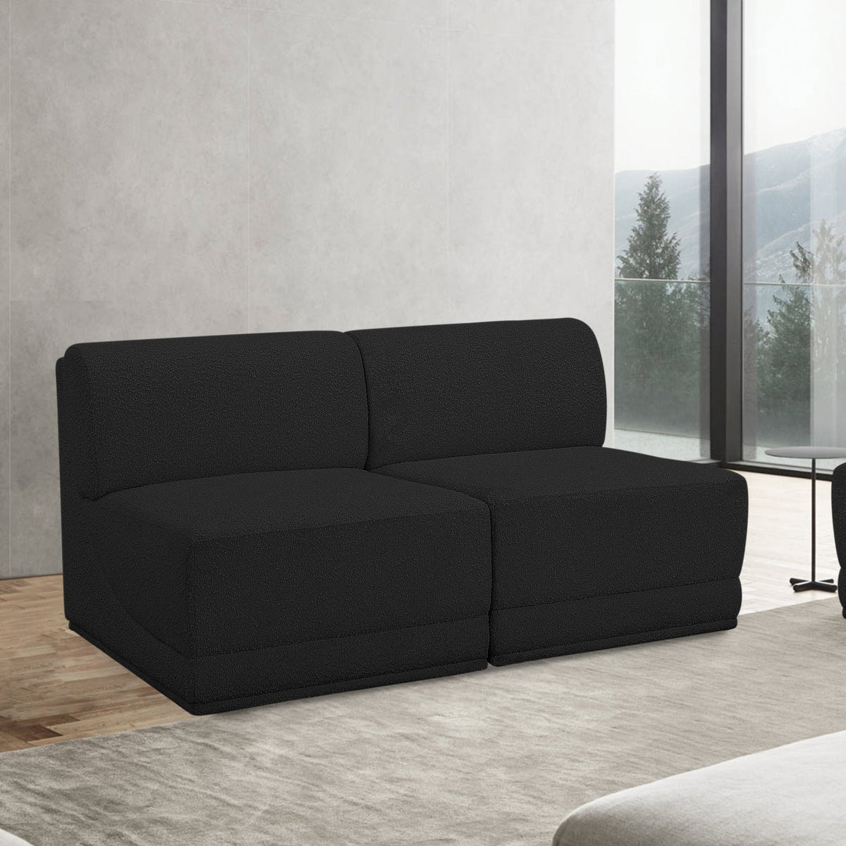 Ollie 60in Black Boucle Fabric Upholstered 2 Piece Armless Modular Loveseat