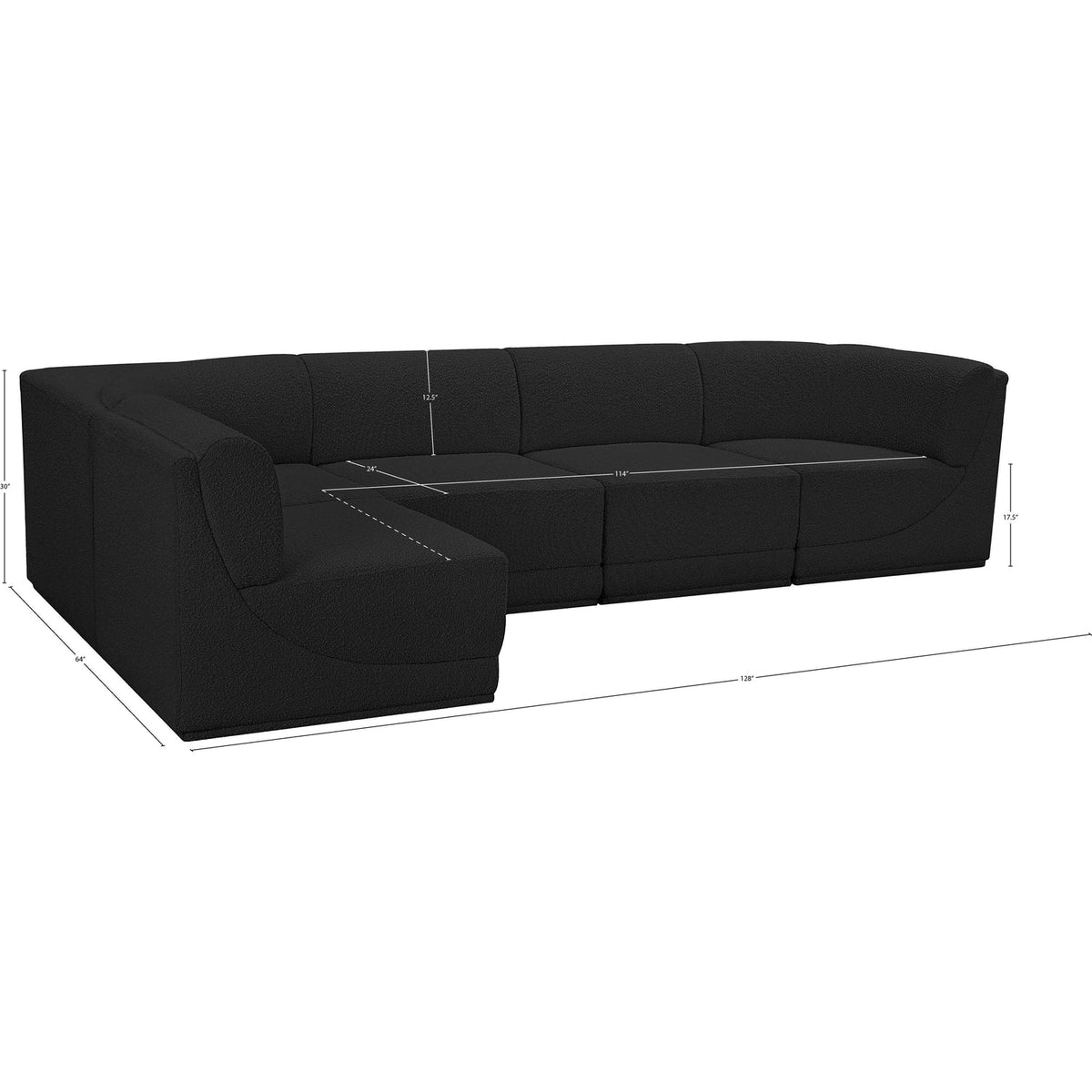 Ollie 128in Black Boucle Fabric Upholstered 5 Piece Modular Sectional Sofa
