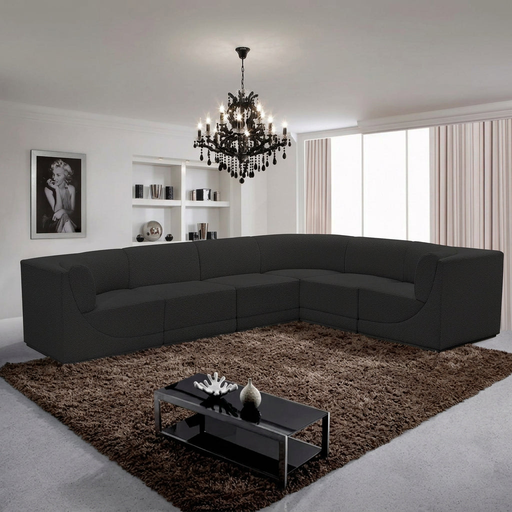 Ollie 128" Black Boucle Fabric Upholstered 6pc. Modular Sectional in black, primary product view