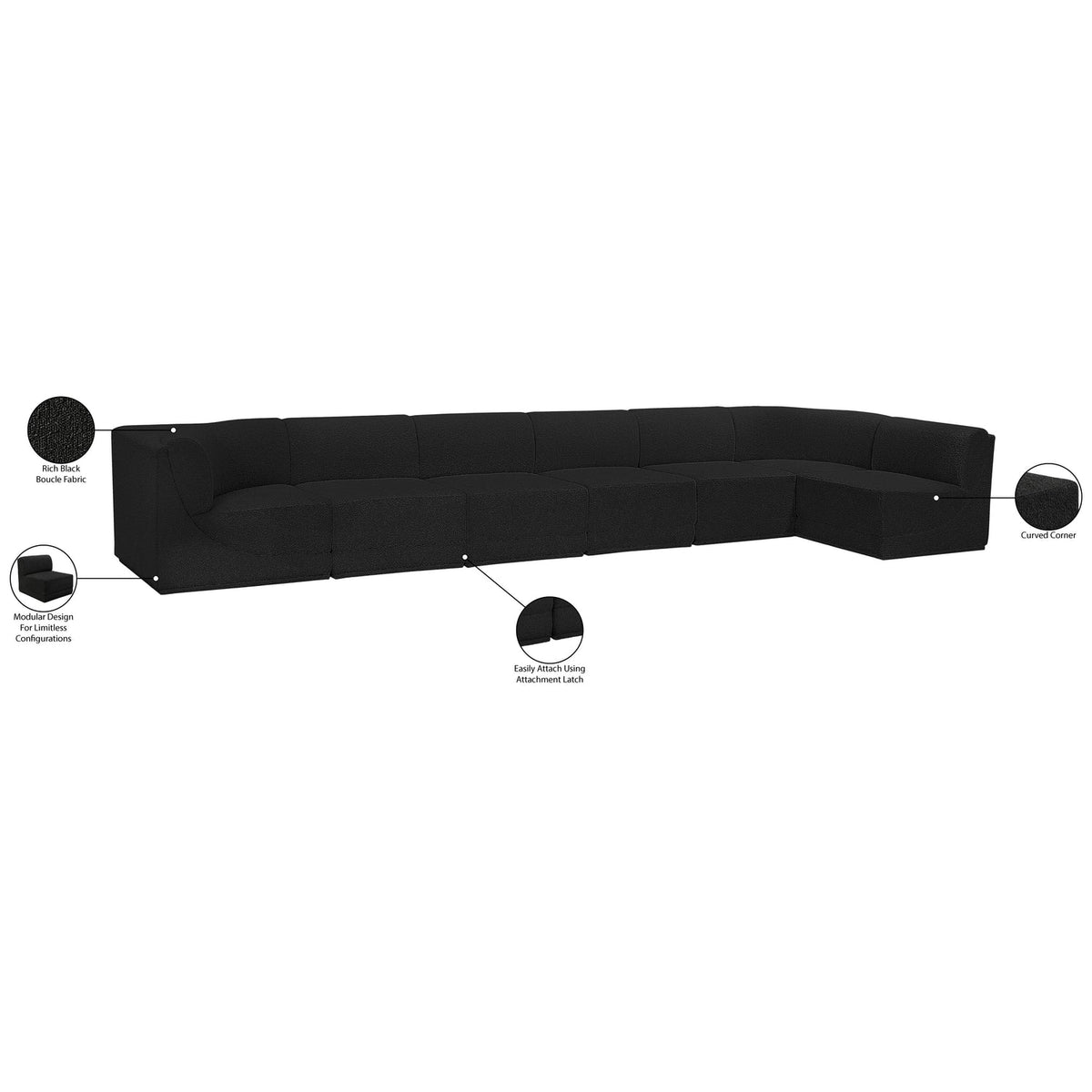 Ollie 188in Black Boucle Fabric Upholstered 7 Piece Modular Sectional Sofa