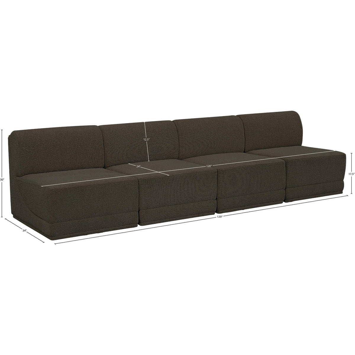 Ollie 120in Brown Boucle Fabric Upholstered 4 Piece Armless Modular Sofa