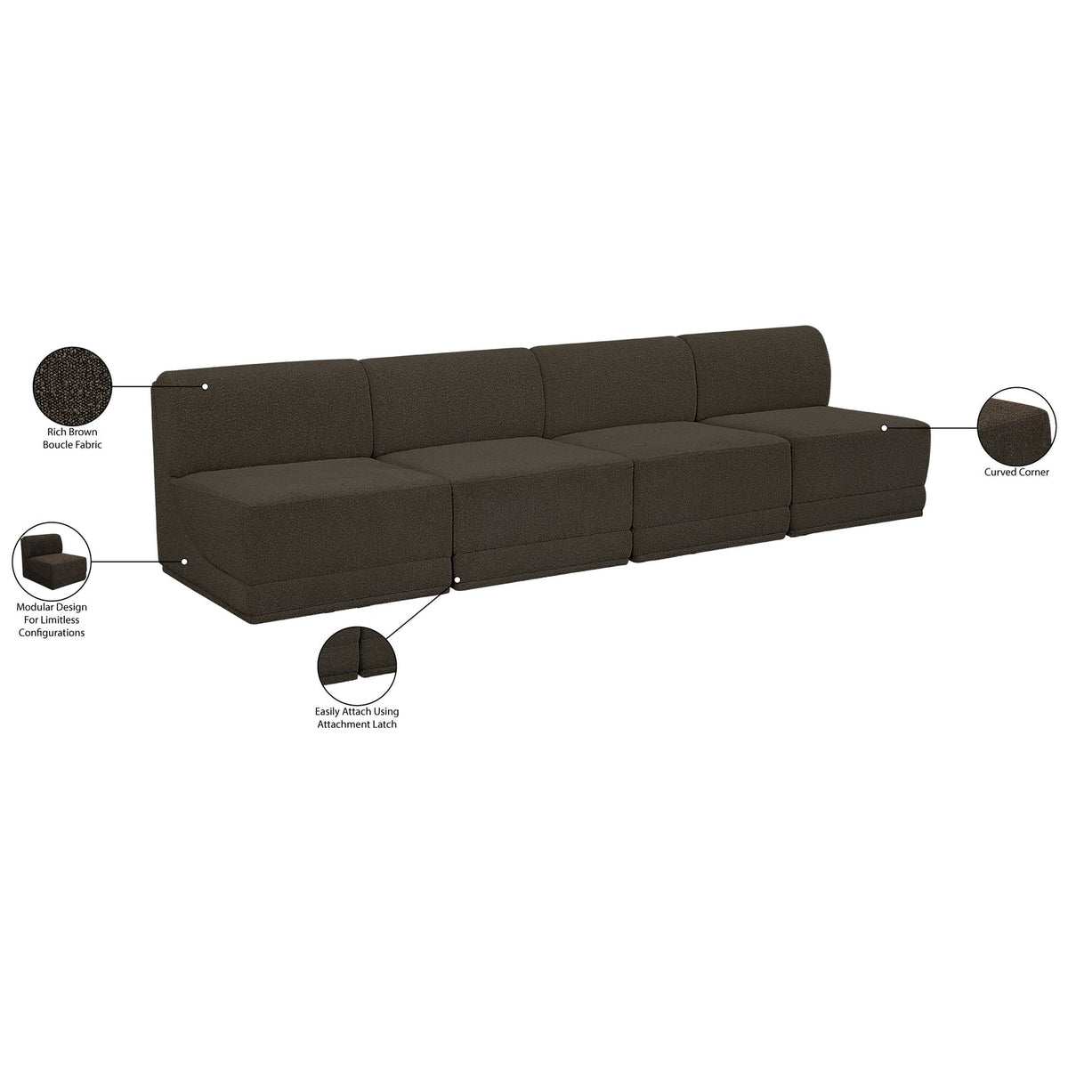 Ollie 120in Brown Boucle Fabric Upholstered 4 Piece Armless Modular Sofa