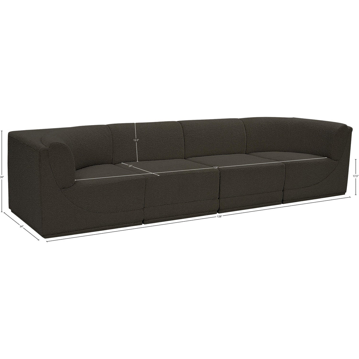 Ollie 128in Brown Boucle Fabric Upholstered 4 Piece Modular Sofa